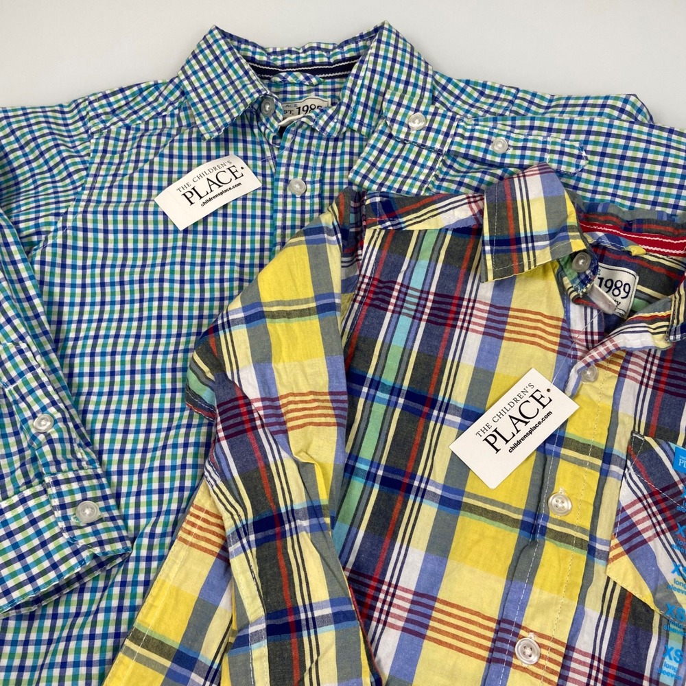 The Childrens Place Boy XS 4 Multicolor Plaid Gingham Button Down Shirts NWT 2pk
